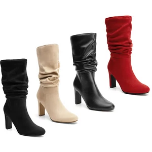 Women Mid Calf Slouch Almond Toe High Heel Boots Pull-On Winter Dressy Boots - Picture 1 of 27