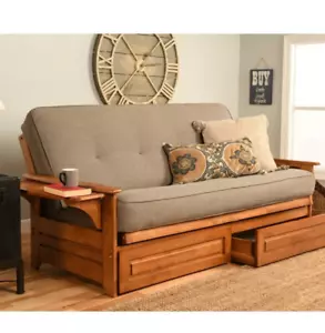 Futon Bed Set - Full Sz Solid Wood Futon w/Cotton Mattress & Storage -Stone Brn - Picture 1 of 8