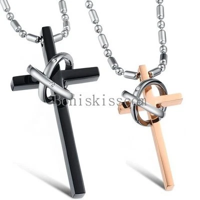 Stainless Steel Prayer Cross Double Interlocking Ring Men Women Pendant Necklace - Image 1 of 4