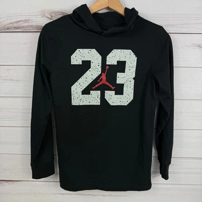 Jordan 23 Youth Size L Black Long Sleeve Pullover Hooded T-Shirt Lightweight - Image 1 of 4
