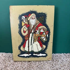 Vtg Father Christmas Santa St Nick Handmade Signed 8in x 10in Wood Wall Plaque - Picture 1 of 9