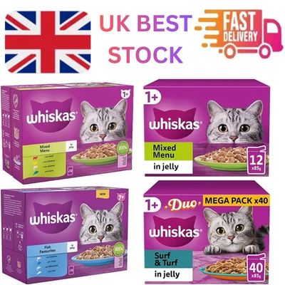 BRANDED 40 x 85g Whiskas 1+ Poultry Feasts Mixed Adult Wet Cat Food Pouches in Jelly
