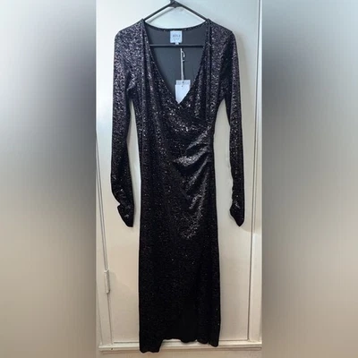 Nuevo con etiquetas Vestido Misa Los Angeles Setarah Astral Dust Negro Tejido Metálico Imitación Envolvente L Foto 1 de 4