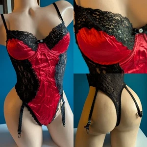 Vtg 80's Sachet Red Satin & Lace Teddy G String Hi Cut Romper Bodysuit Size S - Picture 1 of 11