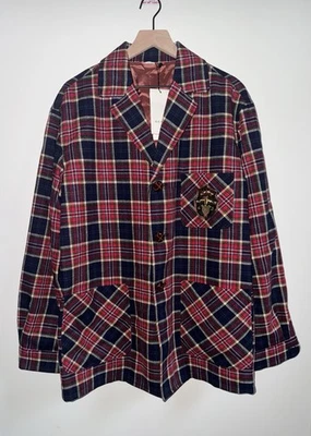 Gucci Blazer Men’s Size 50L Made In Italy Wool Blend Red And Blue Plaid Crest - Image 1 of 4