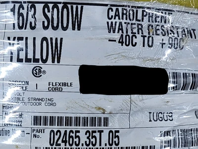 Carol 02465 16/3C Carolprene SOOW 600V 90C Portable Power Cable Cord Yellow/25ft - Image 1 of 4