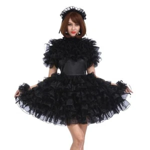 Niña Sissy Maid Negro Satén Organza Bloqueable Vestido Cosplay Disfraz Hecho a Medida - Imagen 1 de 8