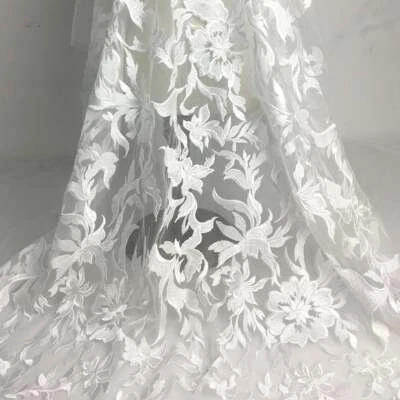 53" Width Lace Fabric Ivory Gorgeous Floral Embroidered Mesh Lace Fabric By Yard - Image 1 of 4