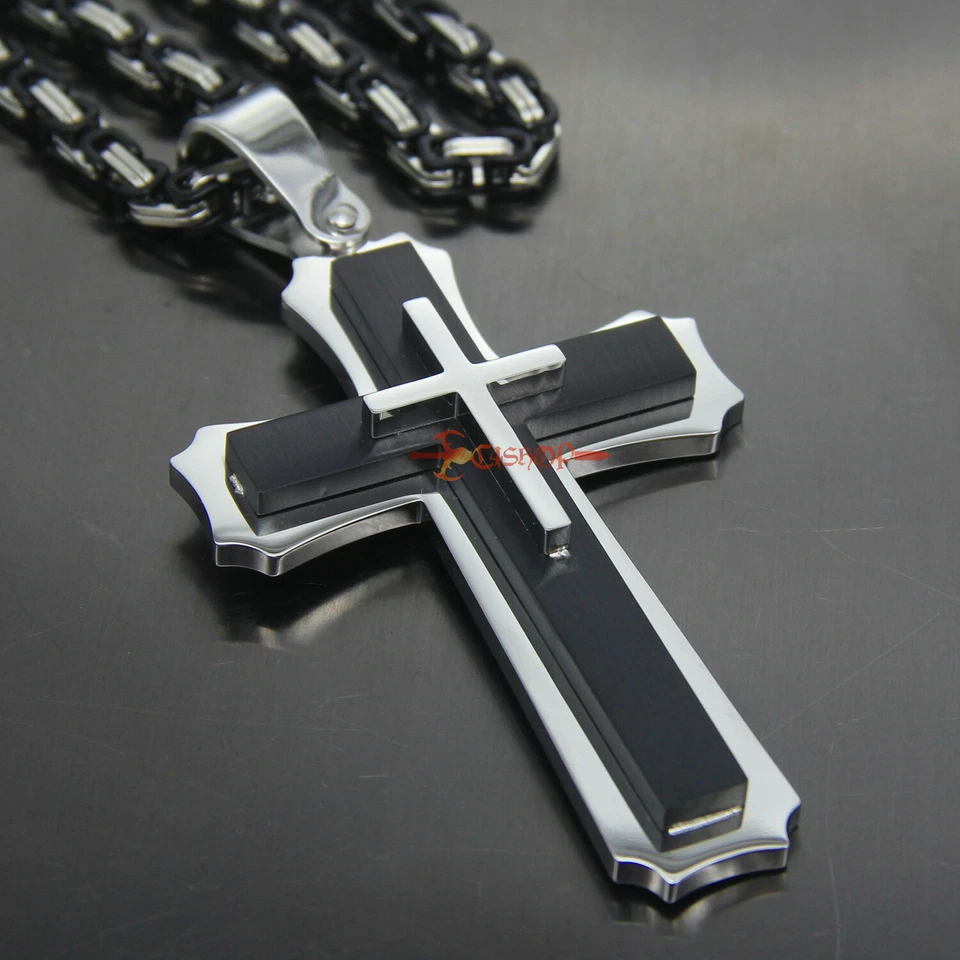 Collar colgante cruzado de capa de acero inoxidable grande pesado grande para hombre niño Foto 1 de 4