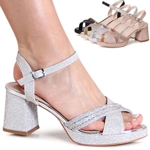 Damenschuhe Glitzer Sandaletten Riemchen Pumps Sandalen High Heels Peep Toe - Bild 1 von 11