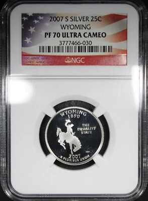 2007-S Proof Silver Wyoming State Quarter NGC PF 70 ULTRA CAMEO USA FLAG - Image 1 of 2