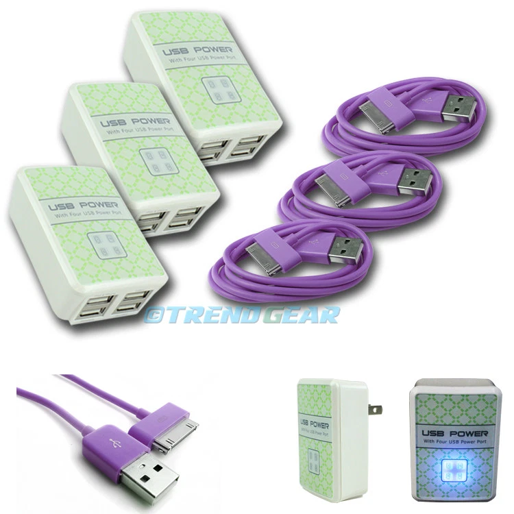 3X 4 USB PORT WALL ADAPTER+3FT CABLE POWER CHARGER PURPLE FOR IPHONE IPOD IPAD - Image 1 of 1