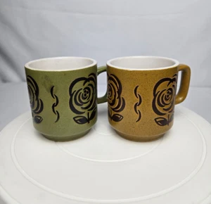 Retro Avocado Green & Harvest Gold With Flower Design 8oz Stoneware Mugs - Picture 1 of 13