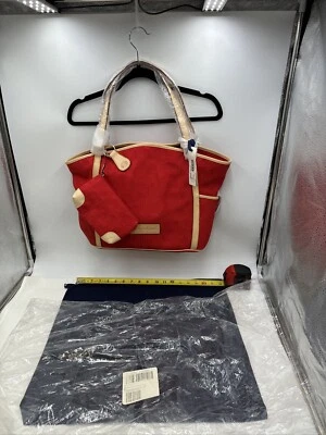 NEW Dooney  Bourke Red Canvas Logo Tote Bag Travel Shoulder Leather Straps 15x12 - Image 1 of 4
