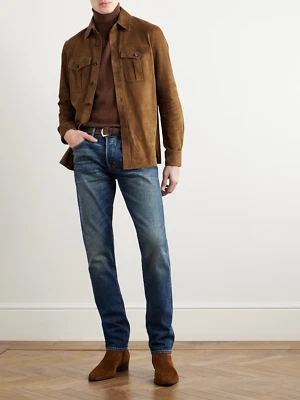 Mens Brown Suede Shirt Leather Trucker Jacket Custom Made Size S M L XL 2XL 3XL - Image 1 of 4