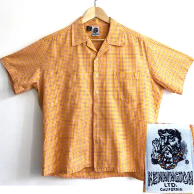 复古 KENNINGTON LTD California 1990 年代亮黄色格子 100% 棉 XL 码 — 第 1/4 张图片