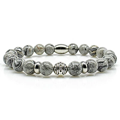 Jaspis Armband Bracelet Perlenarmband Beads Kugel silber grau 8mm Edelstahl - Bild 1 von 2