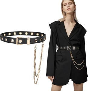 Punk Rock Gürtel - Ösen Leder Taillengürtel mit abnehmbarer Kette für Damen & Herren - Bild 1 von 24