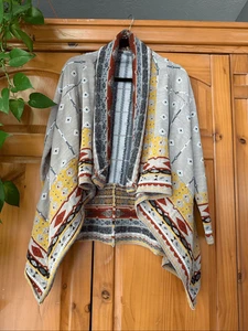 Cárdigan tejido frente abierto Freeway Southwestern Boho beige amarillo rústico talla pequeña - Imagen 1 de 12