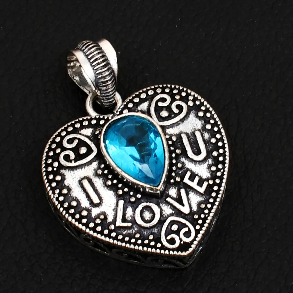 Blue Topaz Gemstone Ethnic Handmade Heart Pendant Jewelry Gift 1.56" AP-40317 - Image 1 of 1