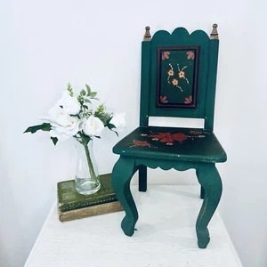 Vtg Hand Painted Child's Chair Mexican Folk Art Wood Russian Seat Stool Green - Picture 1 of 5