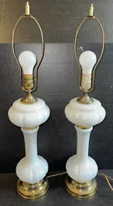 Pair Of Mid Century Opaque White Milk Glass Table Lamps Brass Accent 20” - Picture 1 of 12
