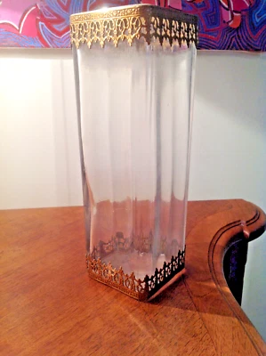 Ancien grand vase carré verre épais enchassement bronze/laiton - Photo 1/4