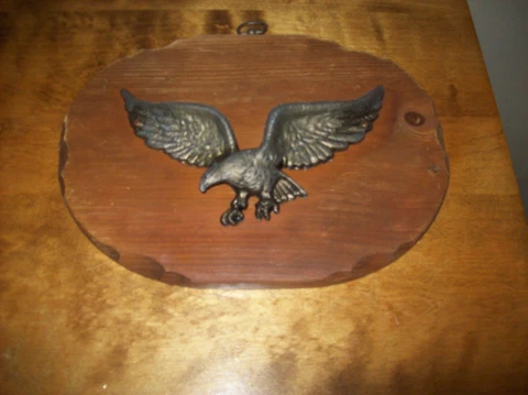 Vintage Brass Eagle on Pine Wood Backing Wall Hanger by Colonial Pinecraft Cover