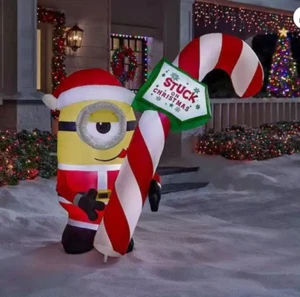 5' MINIONS STUART WITH CANDY CANE SIGN CHRISTMAS YARD INFLATABLE DECORATION NIB - Picture 1 of 3