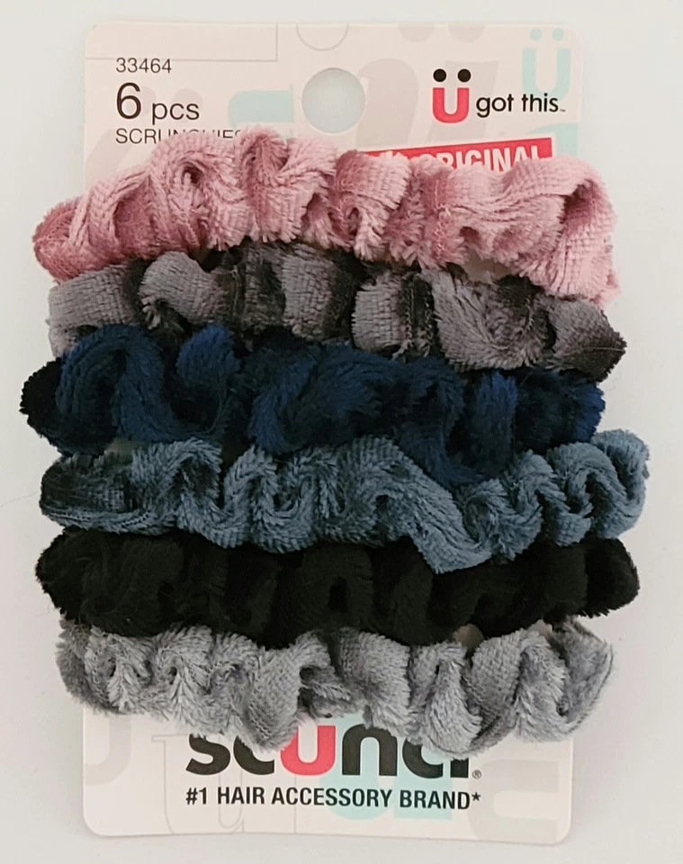 Scunci 6 pcs Mini Velvet Scrunchies - purple, greys, blues and black - Brand New - Image 1 of 1