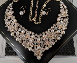 New Chunky Vintage Gold Rhinestone Crystal Pearl Bib Evening Dinner Necklace - Picture 1 of 2
