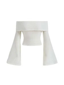 Verdusa Women's Off Shoulder Sweater White M Slim Fit Crop Tee Top - Picture 1 of 4