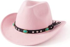 Light Pink Western Cowboy, Cowgirl Hat, Turquoise Strap, Women Retro Wide Brim