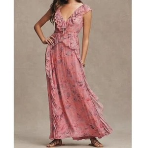 Vestido BHLDN Lyla Estampado Cuello en V Volantes M NUEVO Rosa Dama de honor Hada Anthropologie - Imagen 1 de 10