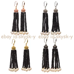 3mm Black Spinel 7-8mm White Pearl Beaded Tassel Crown Dangle Hook Earrings - Picture 1 of 25
