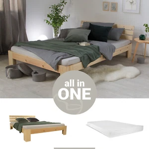 Doppelbett 140x200 cm mit Matratze Lattenrost Futon Bett Holz Massiv Homestyle4u - Bild 1 von 12