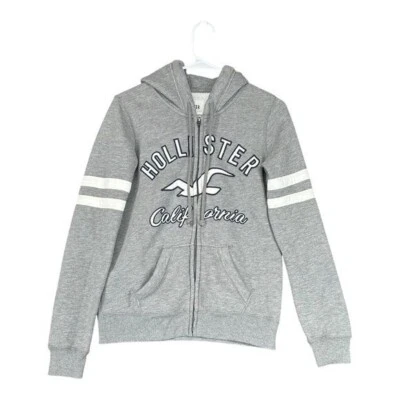 Sudadera con Capucha Hollister XS Gris Cremallera Completa Logo Y2K Preppy Gráfico Rayas Foto 1 de 4