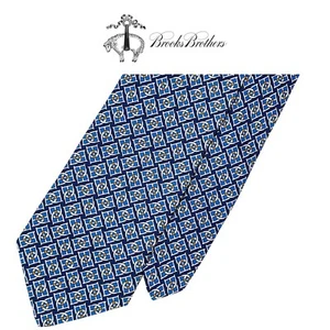 Brooks Brothers Makers marineblaue Krawatte - blau gelb grau ineinandergreifendes Muster 100 % Seide - Bild 1 von 11