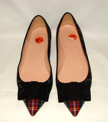 J. CREW Tartan Plaid Fabric Pointy Toe Flats Black Crystal Bow Accent!  Sz 9.5 - Image 1 of 4
