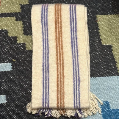 Ecuadorian 100% Wool Fringed Striped Scarf, Cream with Blue/Brown Stripes - Image 1 of 4