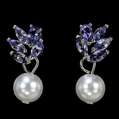 NATURAL AAA WHITE PEARL & PURPLE BLUE IOLITE STERLING 925 SILVER DROP EARRING - Image 1 of 4