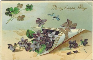 Vintage Greetings Postcard Embossed Many Happy Days Violets Four Leaf Clover - Picture 1 of 2