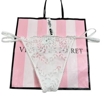 NWT PINK Victoria's Secret White Lace V String Thong Panty Medium - Image 1 of 4
