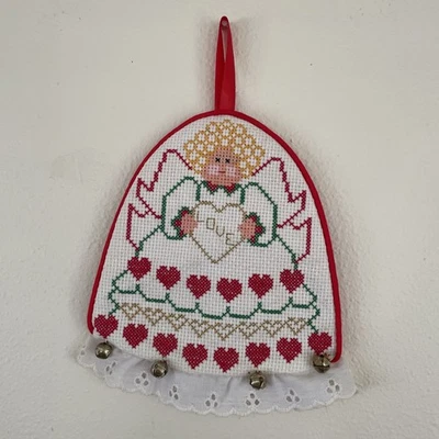 Vintage Needlepoint Cross Stitch Christmas Angel LOVE Hearts Wall Hanging 8x6.5” - Image 1 of 4