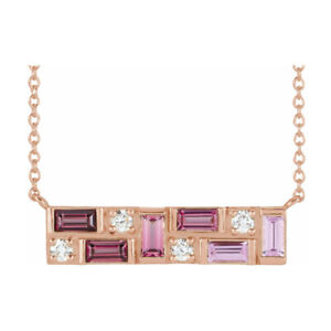 14K Rose Gold Pink Multi-Gemstone & 1/8 CTW Diamond Bar Necklace, 18in