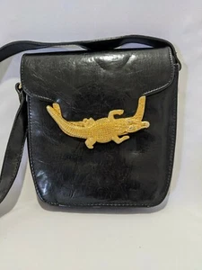 90's Sasha Black Leather Shoulder Purse/Bag Large Gold Shiny Metal Alligator - Picture 1 of 4
