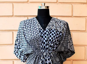 Indian Grey Dot Floral Hand Block Caftan Robes Nighty Maxi Gown Floral Caftan US - Picture 1 of 2