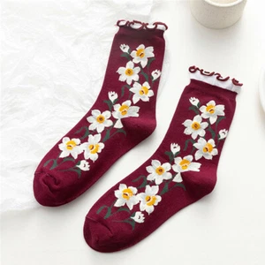 1 Pair Women Floral Ruffled Cotton Socks Middle Tube Socks Ankle Socks - Picture 1 of 16