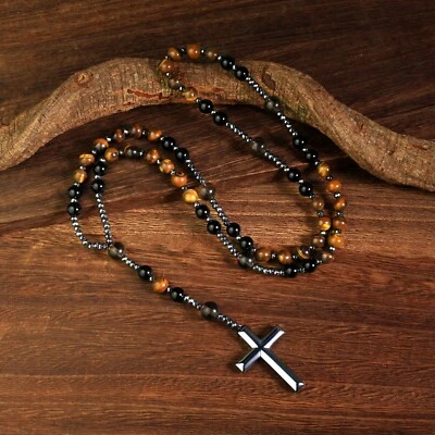 Tiger Eye Hematite Onyx Catholic Christ Cross Christ Healing Men Women Necklace - Image 1 of 3