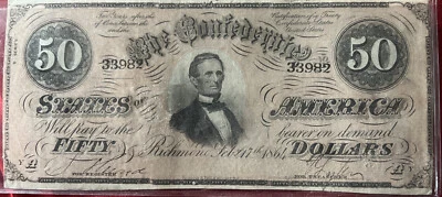 T-66 1864 RICHMOND CSA $50 FIFTY DOLLARS CONFEDERATE CURRENCY NOTE VF+ - Image 1 of 2
